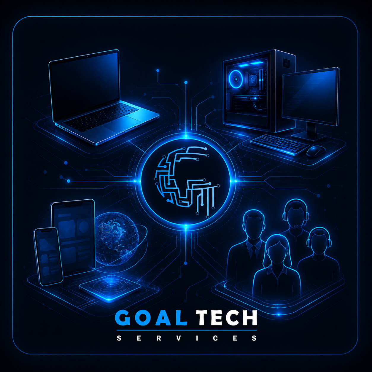 Goal Tech Services overview showing laptop service, system support, web and mobile app consultancy, and IT manpower support